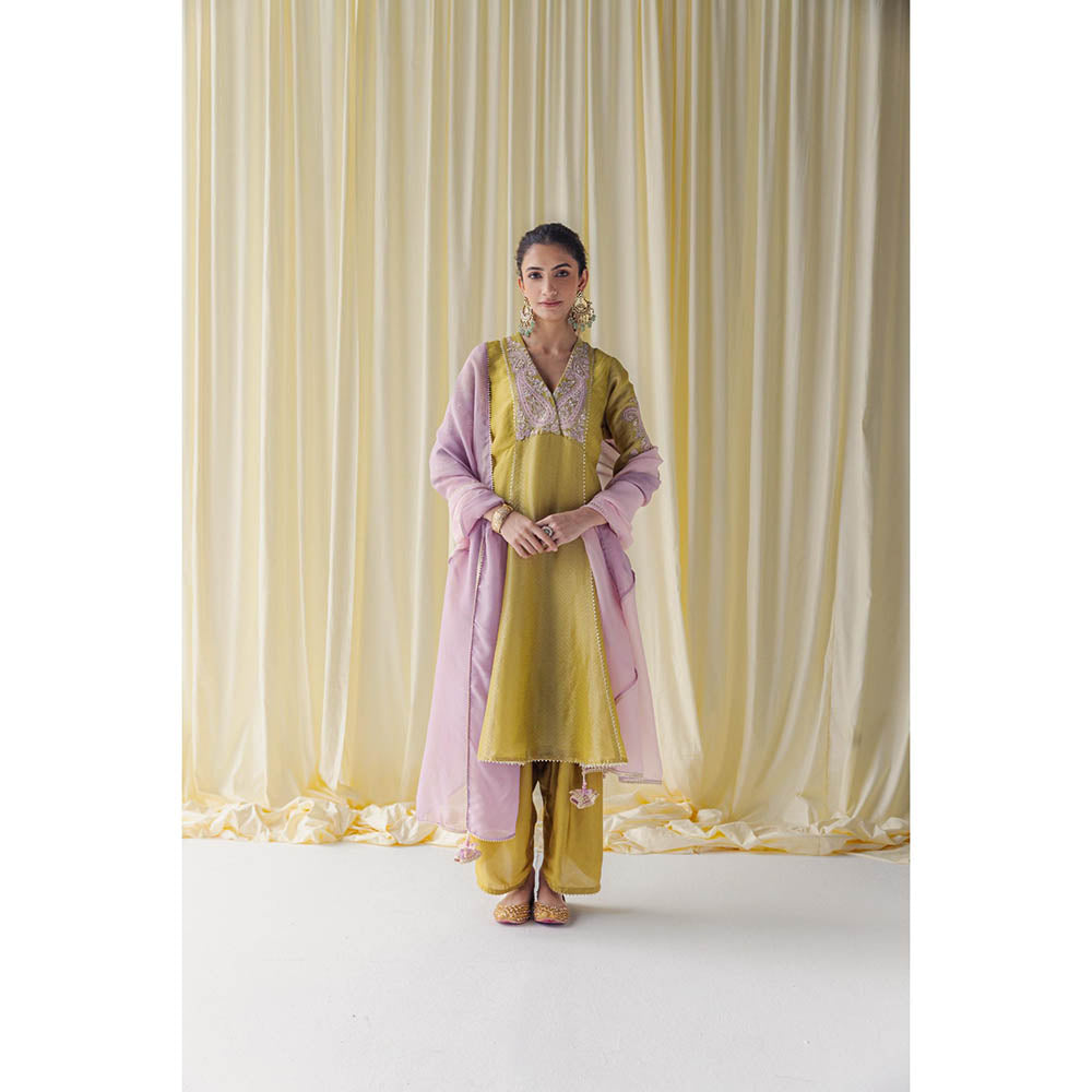 LABEL NAARITI Ahana Yellow Anarkali Kurta with Palazzo and Dupatta (Set of 3)