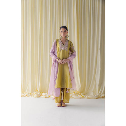 LABEL NAARITI Ahana Yellow Anarkali Kurta with Palazzo and Dupatta (Set of 3)