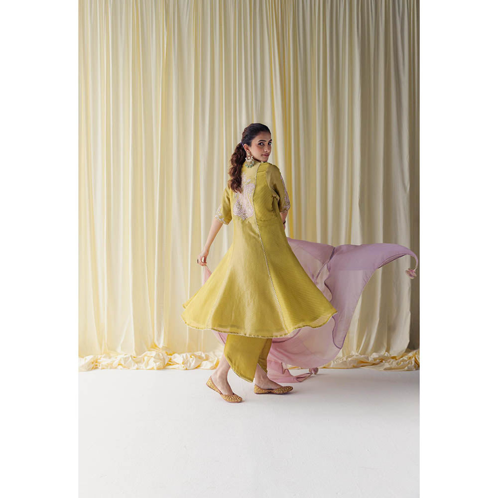 LABEL NAARITI Ahana Yellow Anarkali Kurta with Palazzo and Dupatta (Set of 3)