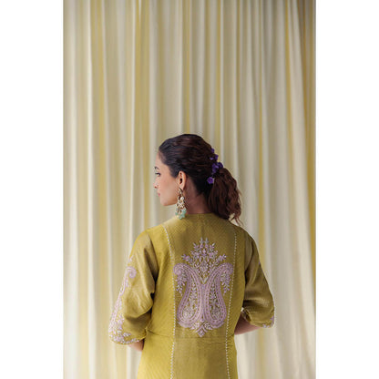 LABEL NAARITI Ahana Yellow Anarkali Kurta with Palazzo and Dupatta (Set of 3)