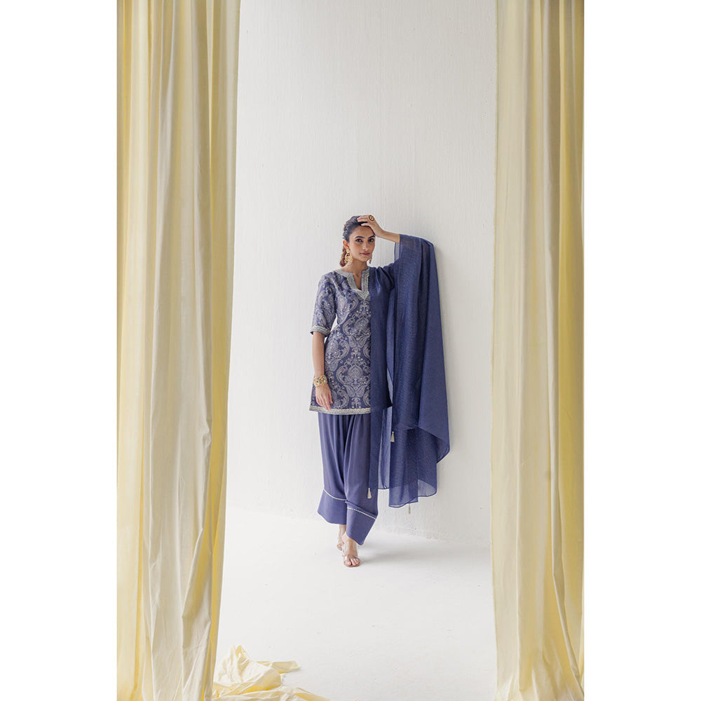 LABEL NAARITI Rayna Blue Kurti with Salwar Pant and Dupatta (Set of 3)
