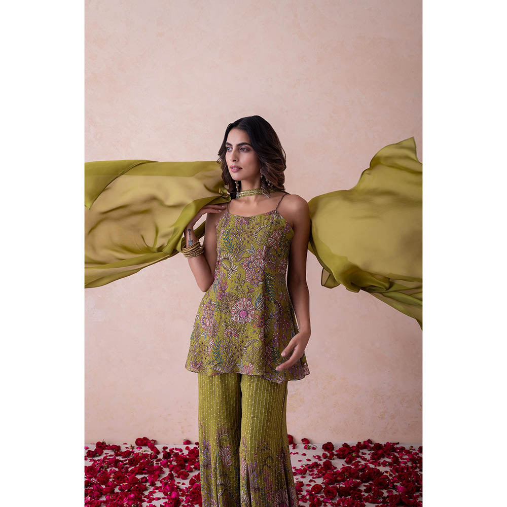 LABEL NAARITI Reha Green Kurti with Sharara and Dupatta (Set of 3)