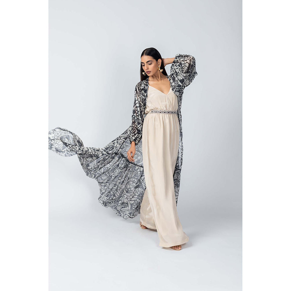 LABEL NAARITI Beige Printed Qala Jacket with Jumpsuit and Belt (Set of 3)