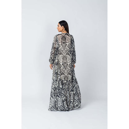 LABEL NAARITI Beige Printed Qala Jacket with Jumpsuit and Belt (Set of 3)