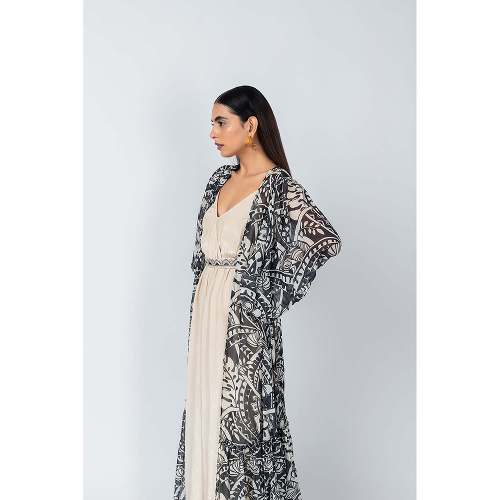 LABEL NAARITI Beige Printed Qala Jacket with Jumpsuit and Belt (Set of 3)