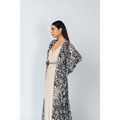LABEL NAARITI Beige Printed Qala Jacket with Jumpsuit and Belt (Set of 3)