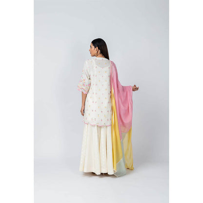 LABEL NAARITI Ivory Embroidered Kaari Kurti with Palazzo and Dupatta (Set of 3)