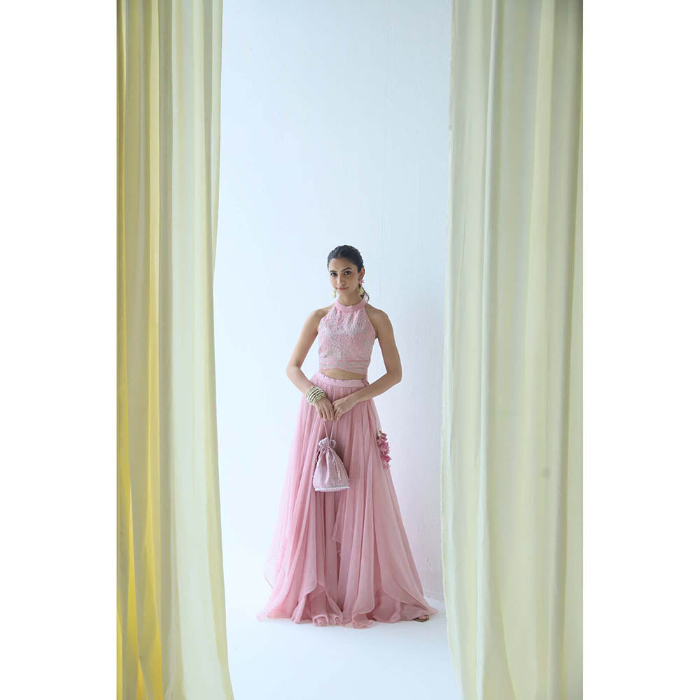 LABEL NAARITI Pink Embroidered Amara Crop Top with Lehenga (Set of 2)