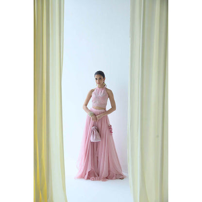 LABEL NAARITI Pink Embroidered Amara Crop Top with Lehenga (Set of 2)