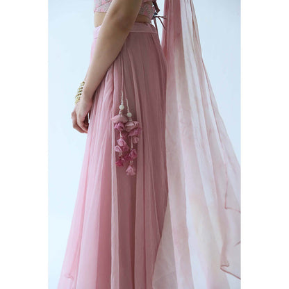 LABEL NAARITI Pink Embroidered Amara Crop Top with Lehenga (Set of 2)