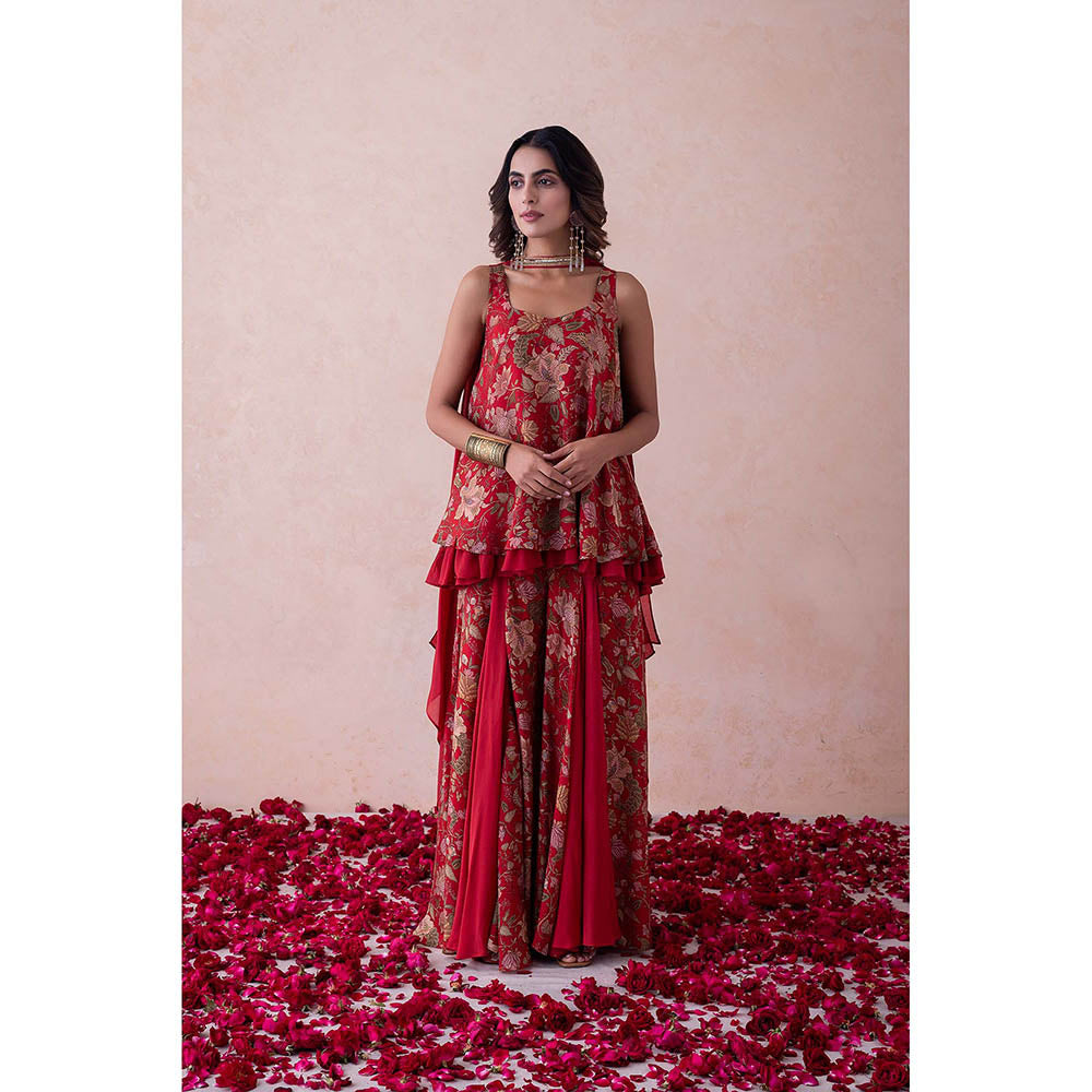 LABEL NAARITI Red Printed Amina Kurti with Sharara and Dupatta (Set of 3)
