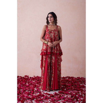 LABEL NAARITI Red Printed Amina Kurti with Sharara and Dupatta (Set of 3)