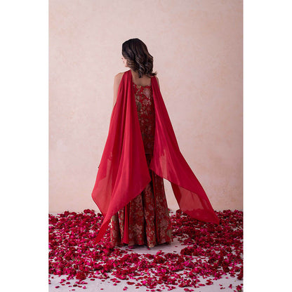 LABEL NAARITI Red Printed Amina Kurti with Sharara and Dupatta (Set of 3)