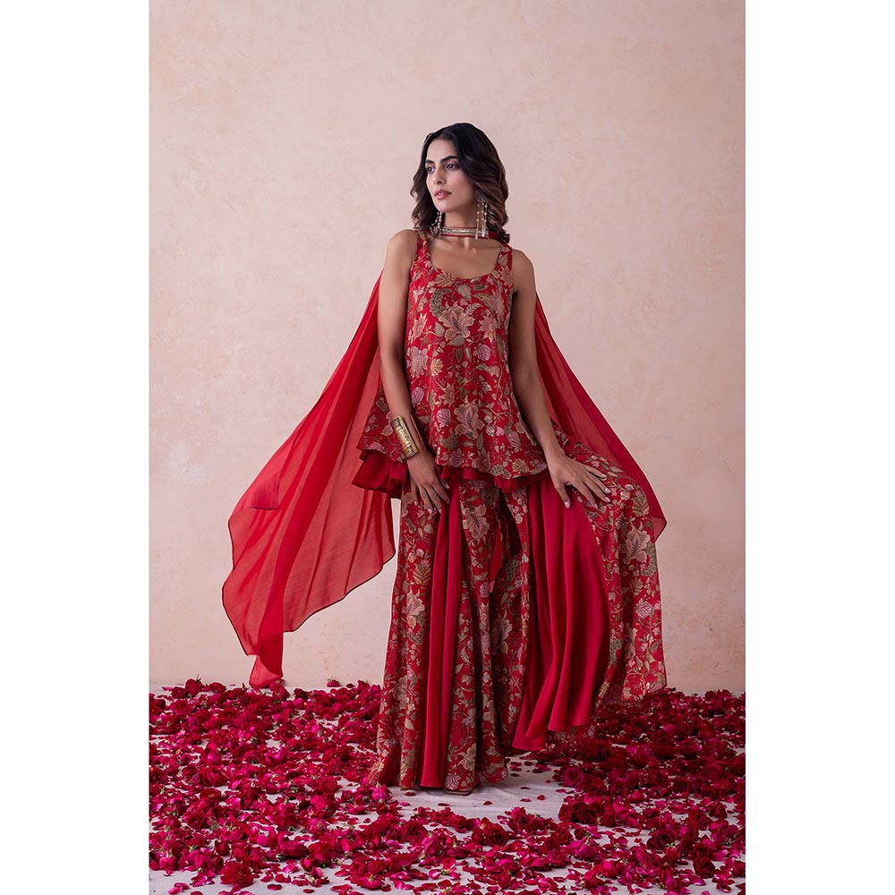 LABEL NAARITI Red Printed Amina Kurti with Sharara and Dupatta (Set of 3)