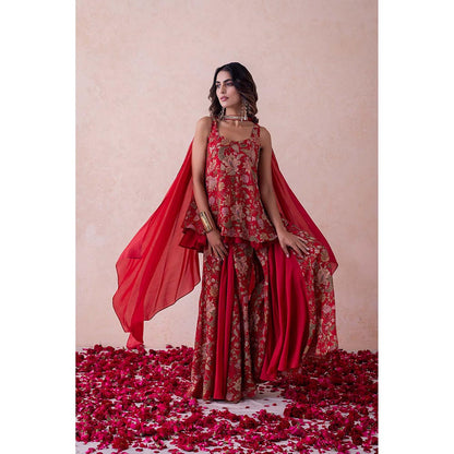 LABEL NAARITI Red Printed Amina Kurti with Sharara and Dupatta (Set of 3)