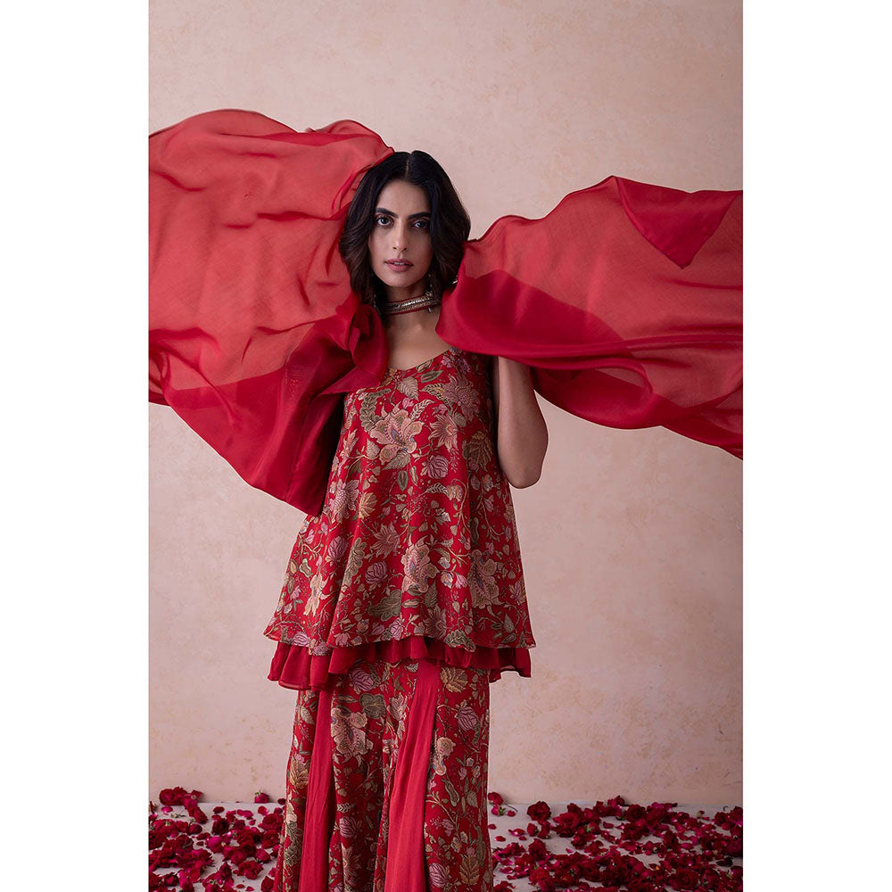 LABEL NAARITI Red Printed Amina Kurti with Sharara and Dupatta (Set of 3)