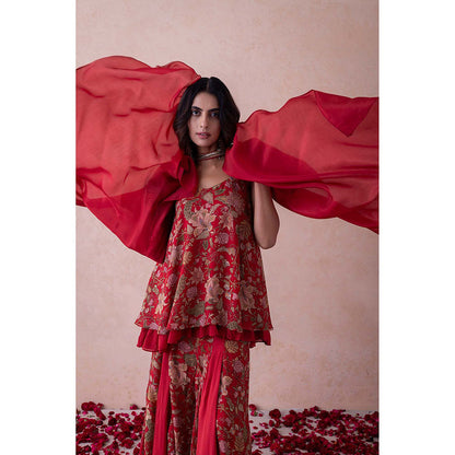 LABEL NAARITI Red Printed Amina Kurti with Sharara and Dupatta (Set of 3)