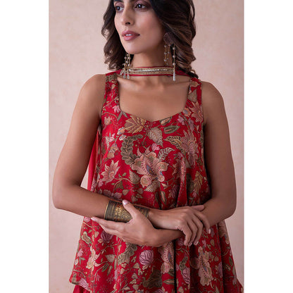 LABEL NAARITI Red Printed Amina Kurti with Sharara and Dupatta (Set of 3)