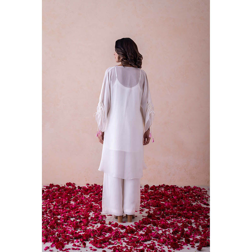 LABEL NAARITI Ivory Embroidered Farah Kurta with Slip and Palazzo (Set of 3)