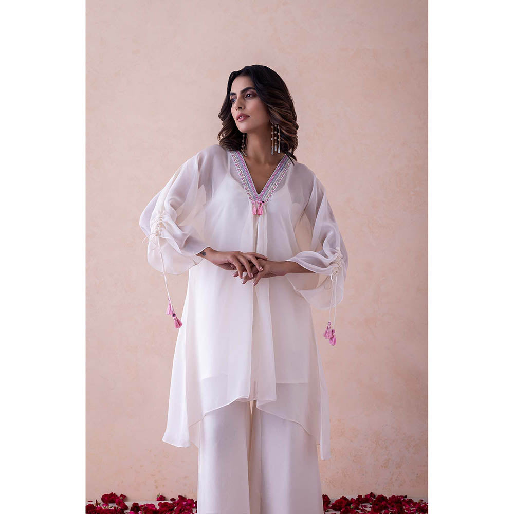 LABEL NAARITI Ivory Embroidered Farah Kurta with Slip and Palazzo (Set of 3)