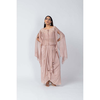 LABEL NAARITI Pink Embroidered Shanaya Bustier with Cape Top and Skirt (Set of 3)