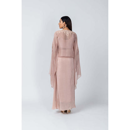 LABEL NAARITI Pink Embroidered Shanaya Bustier with Cape Top and Skirt (Set of 3)