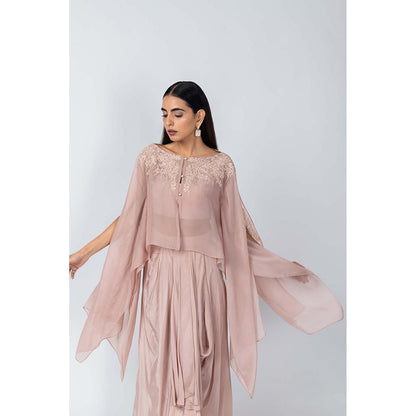 LABEL NAARITI Pink Embroidered Shanaya Bustier with Cape Top and Skirt (Set of 3)