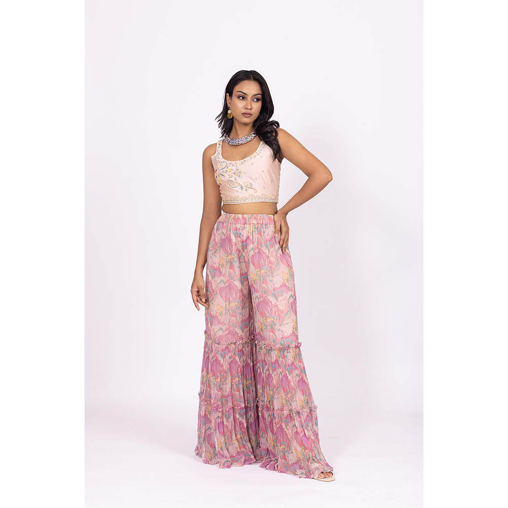 LABEL NAARITI Pink Embroidered Nalini Blouse with Sharara and Jacket (Set of 3)