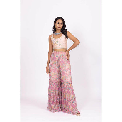 LABEL NAARITI Pink Embroidered Nalini Blouse with Sharara and Jacket (Set of 3)