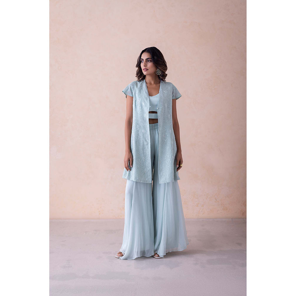 LABEL NAARITI Blue Embroidered Amari Blouse with Sharara and Jacket (Set of 3)