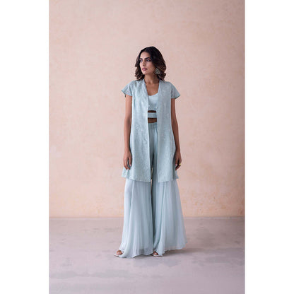 LABEL NAARITI Blue Embroidered Amari Blouse with Sharara and Jacket (Set of 3)