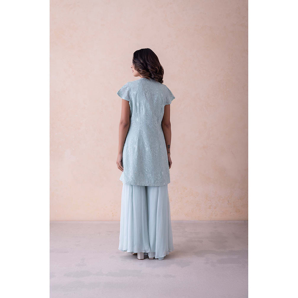 LABEL NAARITI Blue Embroidered Amari Blouse with Sharara and Jacket (Set of 3)