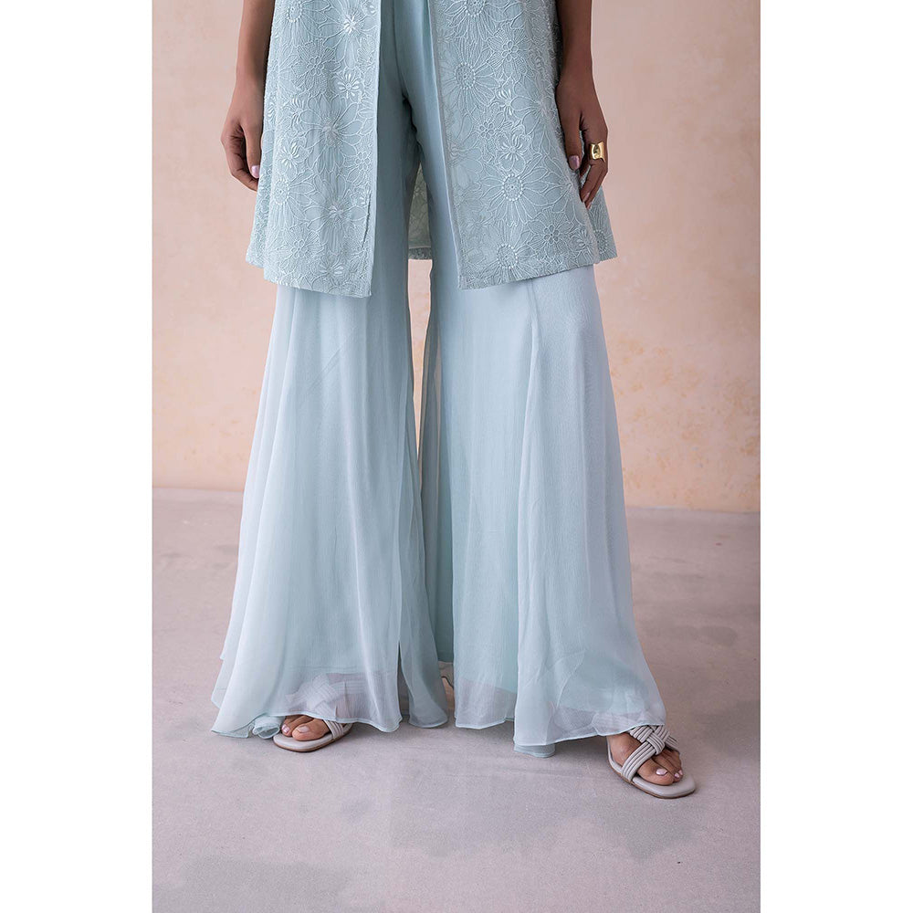 LABEL NAARITI Blue Embroidered Amari Blouse with Sharara and Jacket (Set of 3)