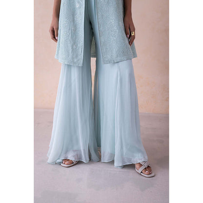 LABEL NAARITI Blue Embroidered Amari Blouse with Sharara and Jacket (Set of 3)