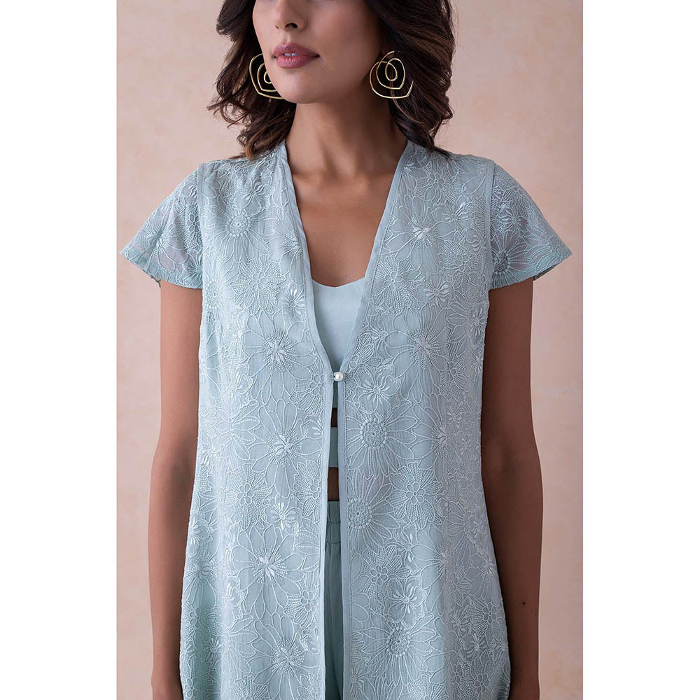 LABEL NAARITI Blue Embroidered Amari Blouse with Sharara and Jacket (Set of 3)