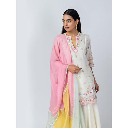 LABEL NAARITI Kaari Natural Linen Embroidery and Lace Inserts Kurta with Sharara and Dupatta