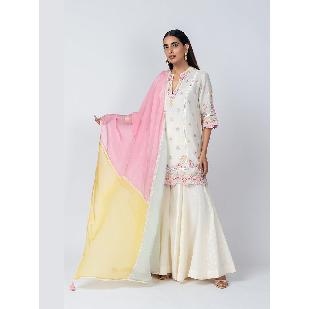 LABEL NAARITI Kaari Natural Linen Embroidery and Lace Inserts Kurta with Sharara and Dupatta