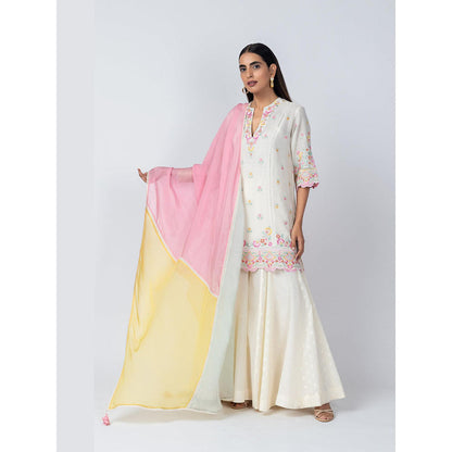 LABEL NAARITI Kaari Natural Linen Embroidery and Lace Inserts Kurta with Sharara and Dupatta
