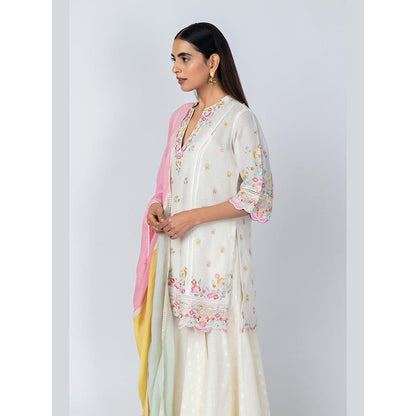 LABEL NAARITI Kaari Natural Linen Embroidery and Lace Inserts Kurta with Sharara and Dupatta