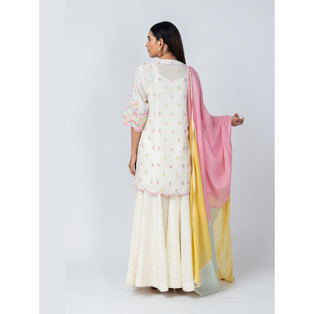 LABEL NAARITI Kaari Natural Linen Embroidery and Lace Inserts Kurta with Sharara and Dupatta