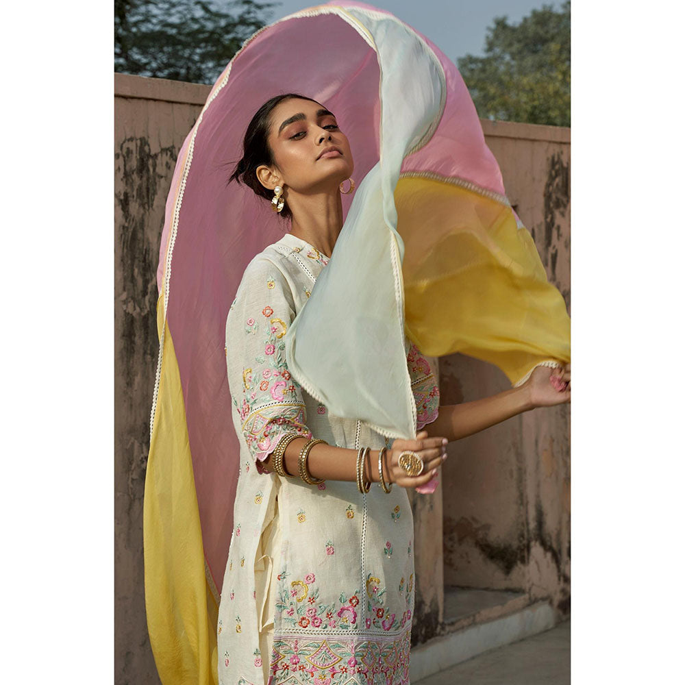 LABEL NAARITI Kaari Natural Linen Embroidery and Lace Inserts Kurta with Sharara and Dupatta