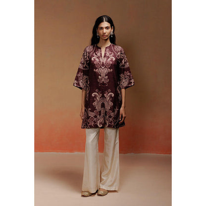 LABEL NAARITI Aza Brown Jacquard Paisley Print Kurta with Ivory Silk Pant