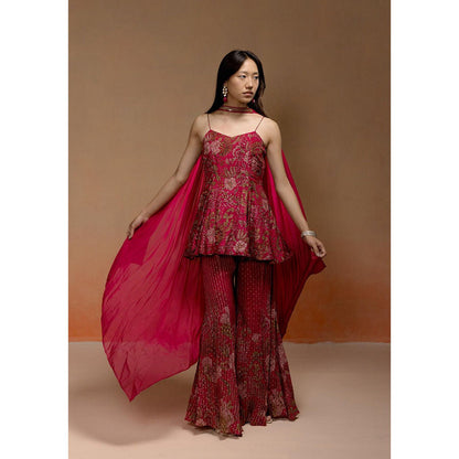 LABEL NAARITI Reha Wine Printed Kurta with Jacquard Sharara and Choker Dupatta