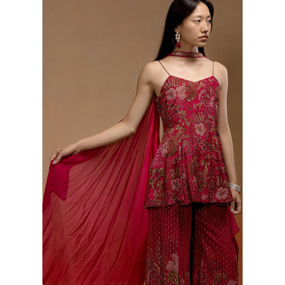 LABEL NAARITI Reha Wine Printed Kurta with Jacquard Sharara and Choker Dupatta