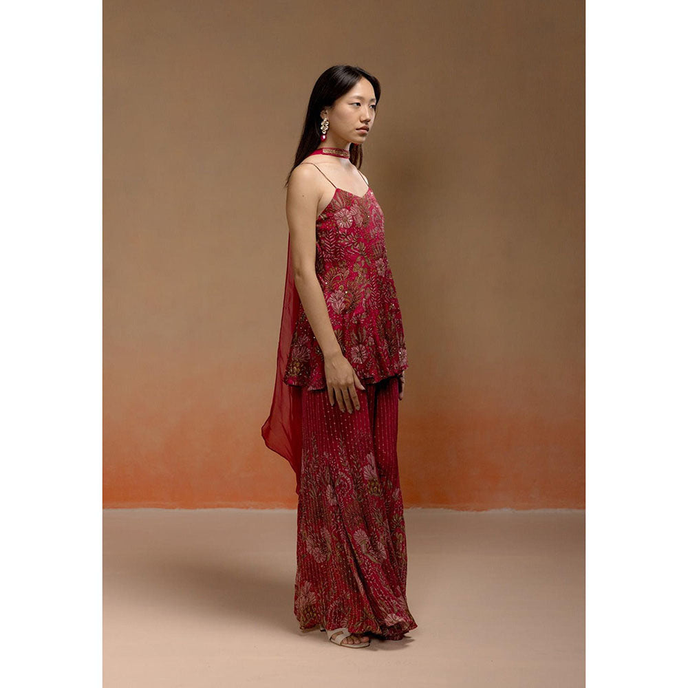 LABEL NAARITI Reha Wine Printed Kurta with Jacquard Sharara and Choker Dupatta