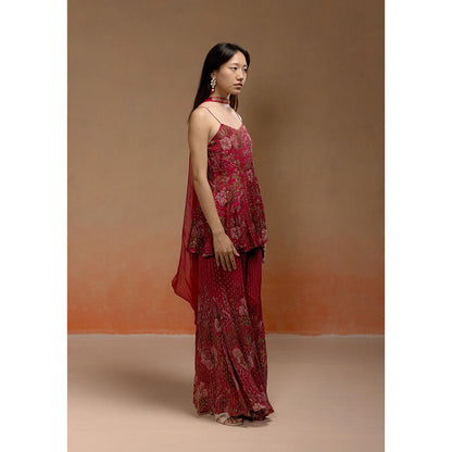 LABEL NAARITI Reha Wine Printed Kurta with Jacquard Sharara and Choker Dupatta