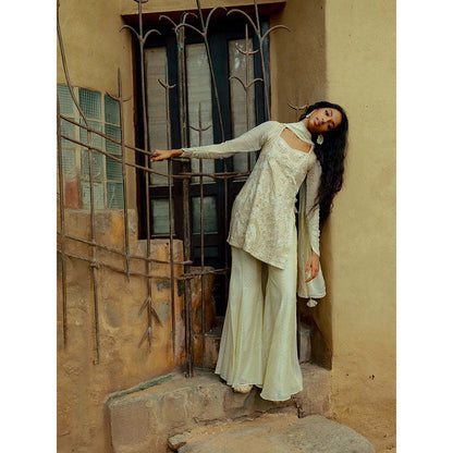 LABEL NAARITI Aalia Embroidered Gold Tunic with Sharara and Dupatta
