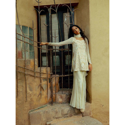 LABEL NAARITI Aalia Embroidered Gold Tunic with Sharara and Dupatta
