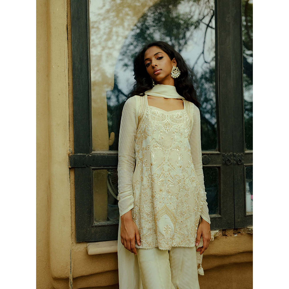LABEL NAARITI Aalia Embroidered Gold Tunic with Sharara and Dupatta