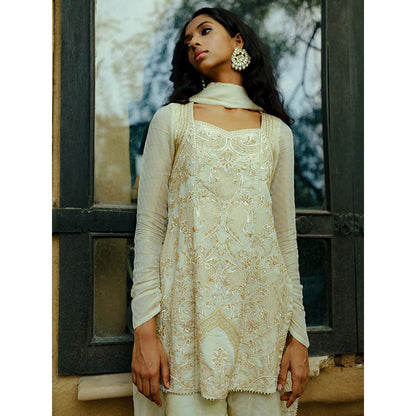 LABEL NAARITI Aalia Embroidered Gold Tunic with Sharara and Dupatta